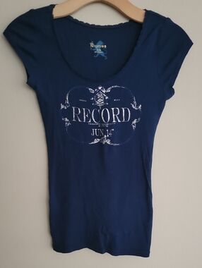 Express Vintage Navy Blue Graphic Scoop Neck Tee with Silver Print Size XS